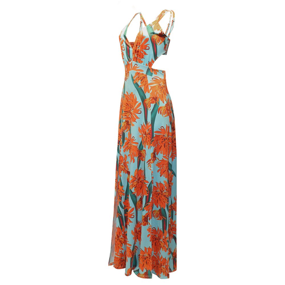New European And American Print Suspender Open Back Slit Dress - Image 6