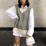 New Women's Loose Houndstooth Knit Vest Top