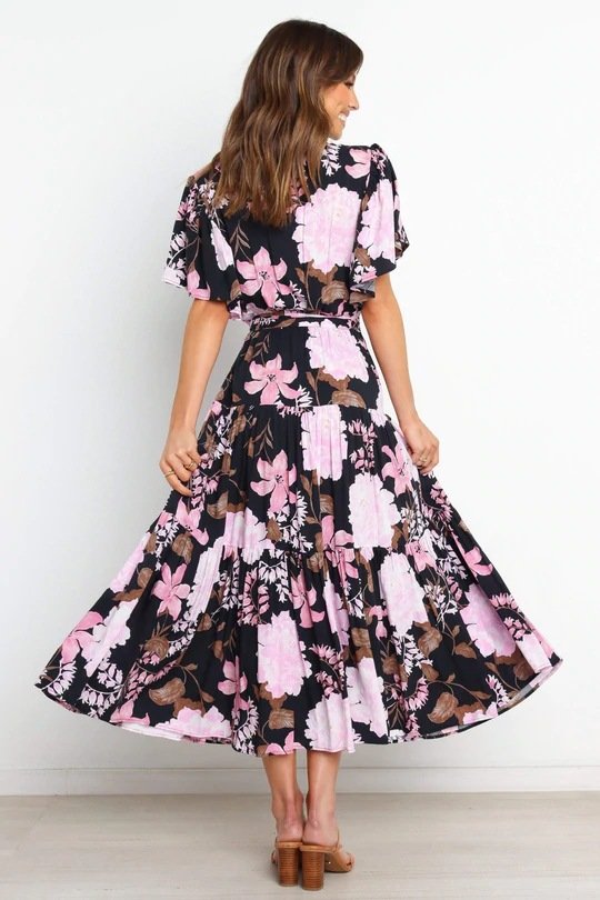 V-Neck Commuter Print Short Sleeve Nipped Waist Bohemian Dress - Image 6