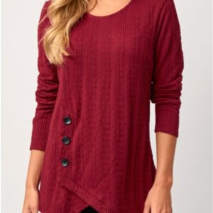 New Irregular Hem Buttoned Long Sleeve Crew Neck T-shirt