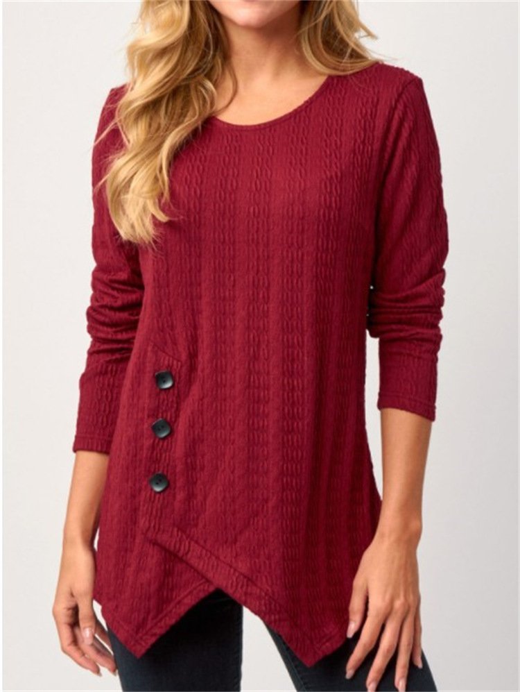 New Irregular Hem Buttoned Long Sleeve Crew Neck T-shirt