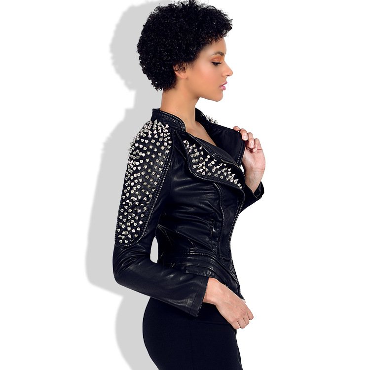 Women's locomotive shrug rivet slim-fit lapel leather jacket - Image 2