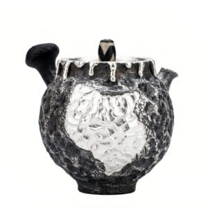 Pure 999 Fine Silver Handcrafted Textured Teapot with Silver-Tone Dripping Accents and Intricate White Floral Relief Design - Handicraft