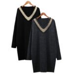 Long-sleeved V-neck beaded dress