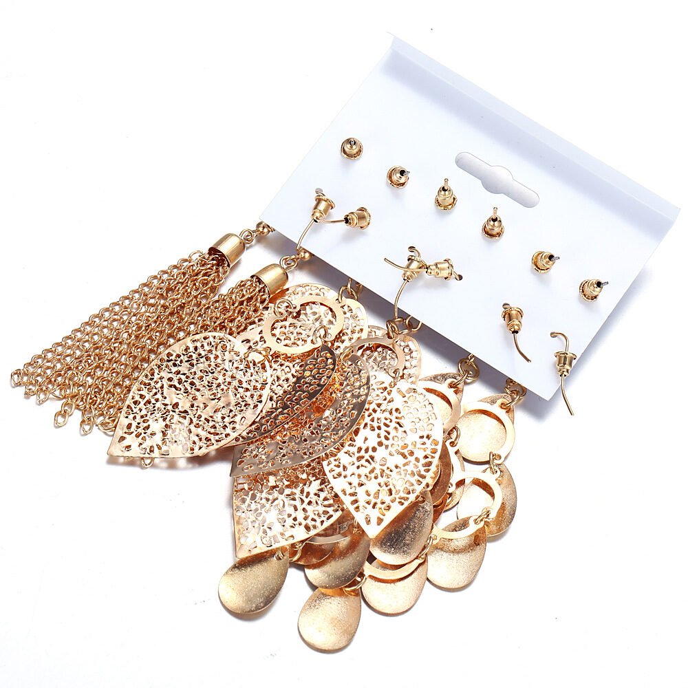 6 pairs of plate pearl earrings set hollow leaf woven earrings - Image 3