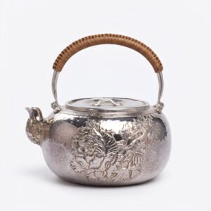 925 Sterling Silver Handcrafted Sterling Silver Floral Teapot with Woven Bamboo Handle and Hammered Texture - Handicraft