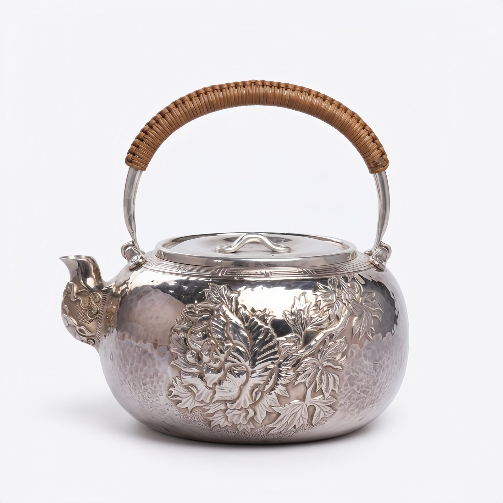 925 Sterling Silver Handcrafted Sterling Silver Floral Teapot with Woven Bamboo Handle and Hammered Texture - Handicraft
