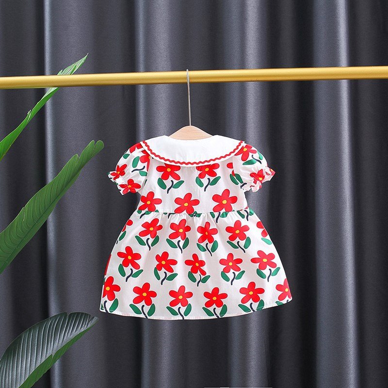 Summer New Style Full Of Small Flowers Cotton Dress Girls Korean Style Dress Get Bow Bamboo Basket Bag - Image 2