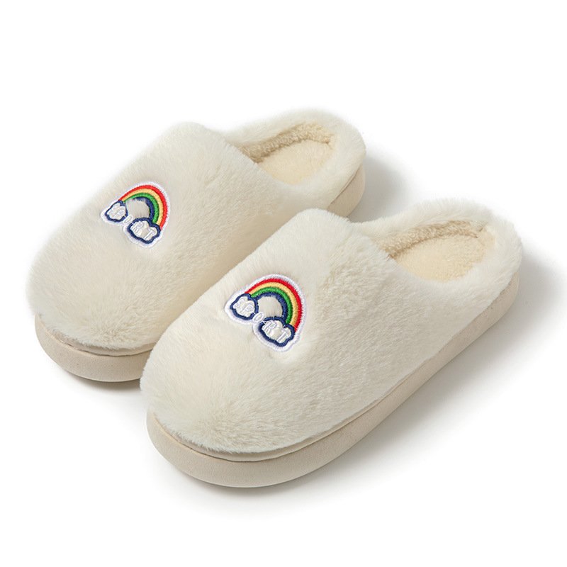 Kawaii Rainbow Embroidered Slippers Warm Slip On Plush Shoes Couple Indoor Home Slippers Winter - Image 8