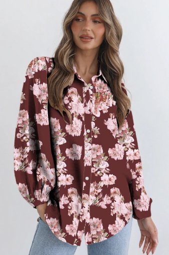 Brown Floral Puff Sleeve Lightweight Shirt - Image 3