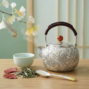 Pure 999 Fine Silver Ornate Hand-Carved Silver Phoenix and Peony Teapot with Red Accents - Handicraft