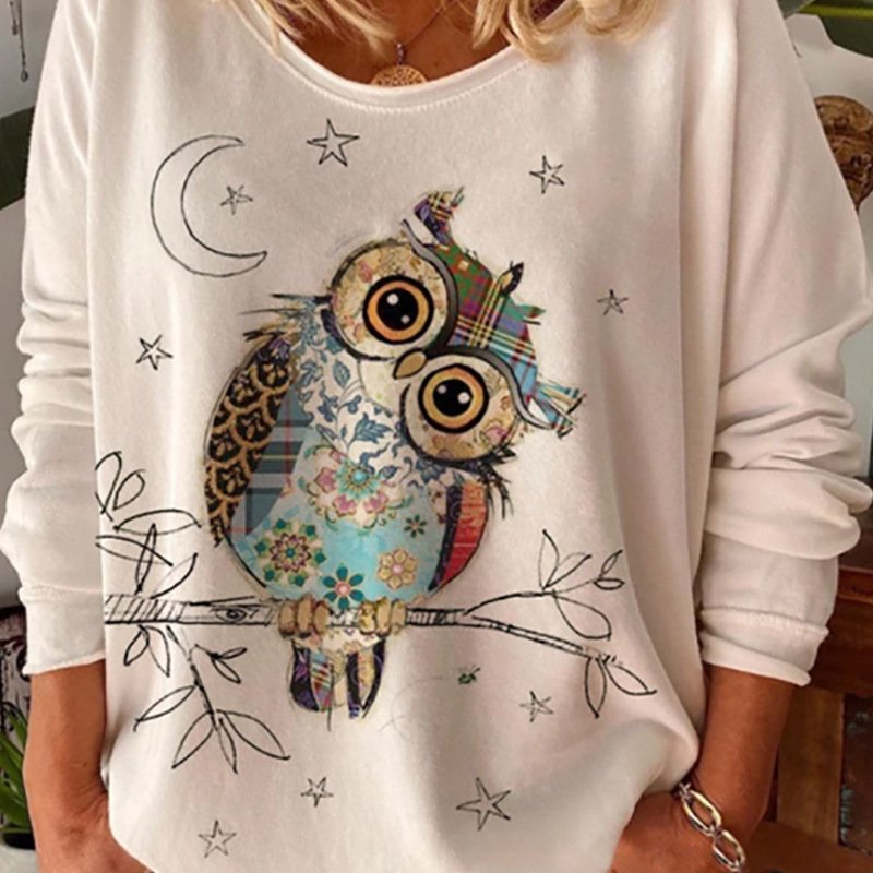 Owl Animal Print Long Sleeved Round Neck Loose - Image 3