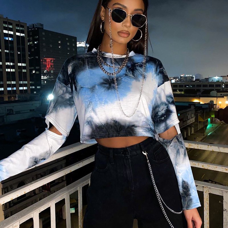 Broken Sleeve Tie Dye Print Fashion Street Long Sleeve Navel Loose T-Shirt Top - Image 3