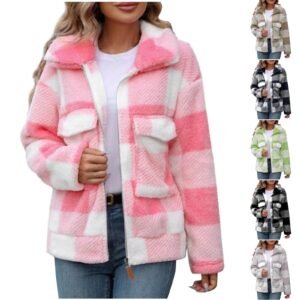 Double-Sided Polar Fleece Plaid Zip-Up Fluffy Coat