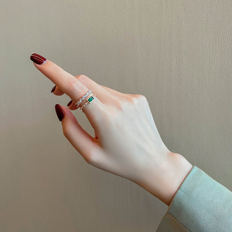 Retro Malachite Green Diamond Double-layer Ring Female Ins Tide Niche Index Finger Ring Simple Temperament Net Red - Image 3