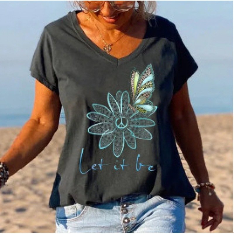 Loose Fashion V-neck Cartoon Digital Printed T-shirt - Image 11