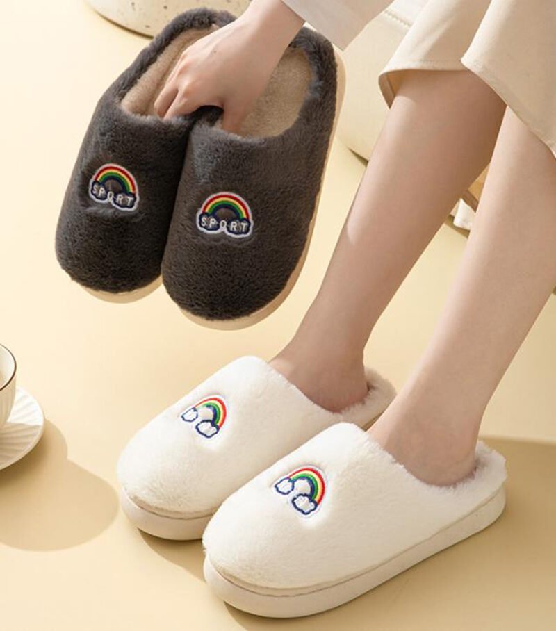 Kawaii Rainbow Embroidered Slippers Warm Slip On Plush Shoes Couple Indoor Home Slippers Winter - Image 2