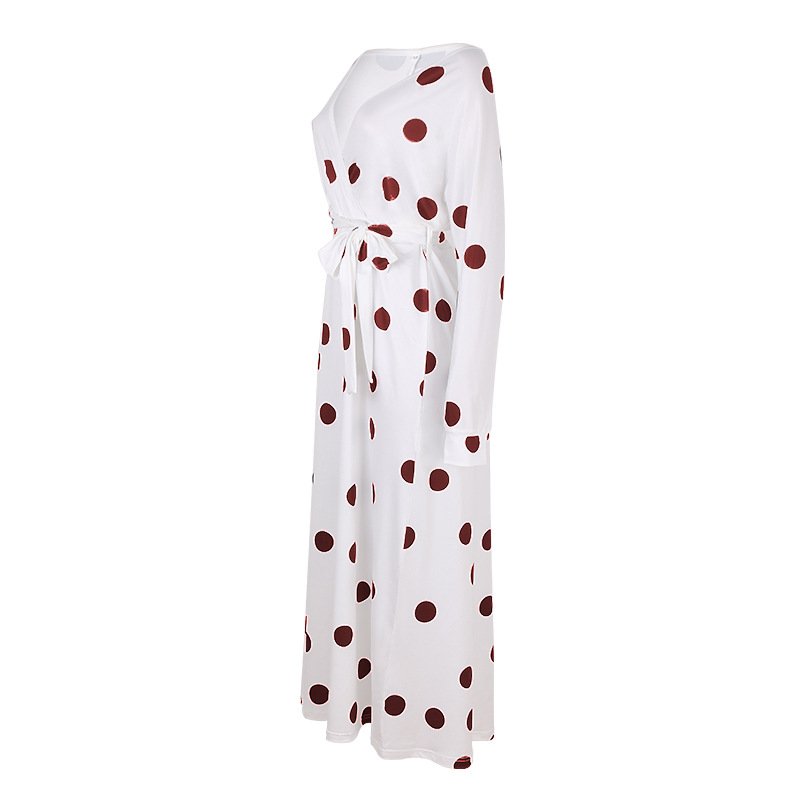 Polka Dot Print Long Sleeve V Neck Off Shoulder Dress - Image 4