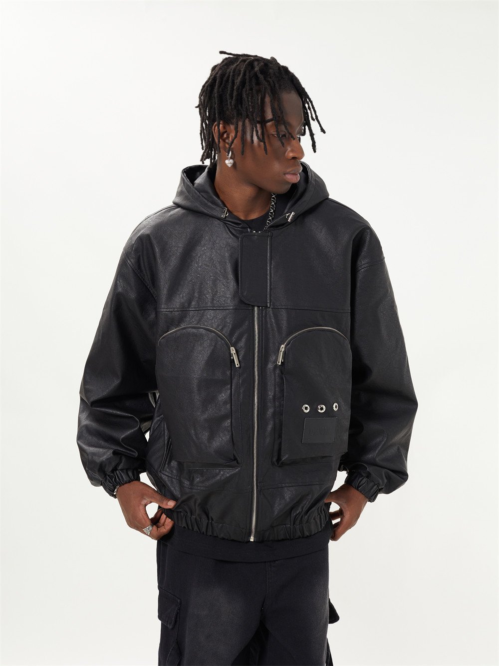 Dark Motorcycle Style Hooded Leather Jacket Men - Image 10