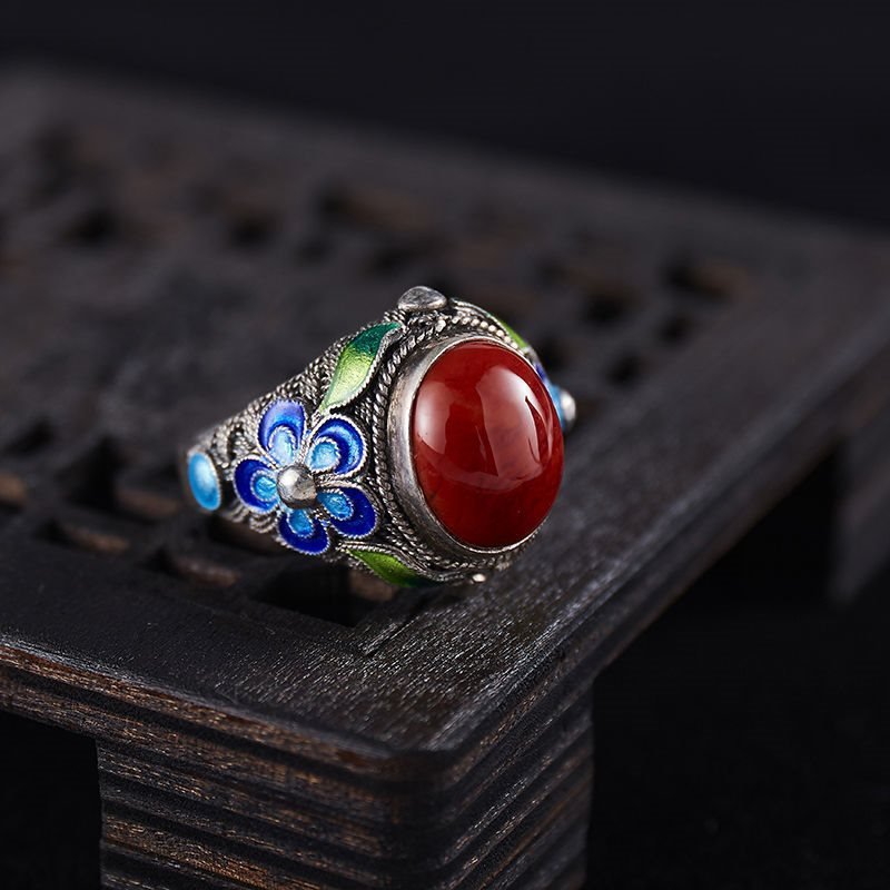 Agate Burnt Blue Pattern Cloisonne Ring For Women - Image 3