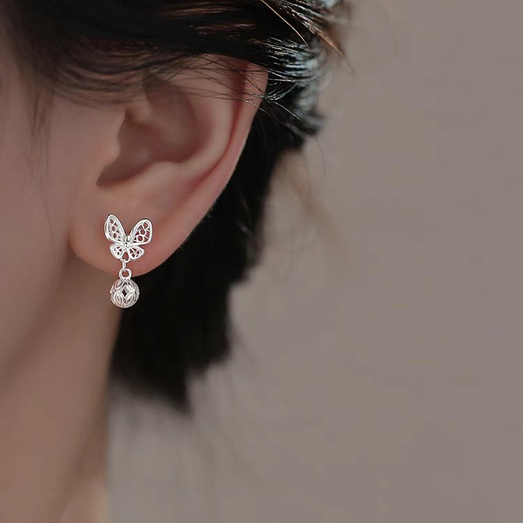 1 Pair 999 Sterling Silver Filigree Hollow Butterfly Palace Bell Stud Earrings, Retro & Elegant, Perfect For Daily, Dating & Gifting, Ideal Valentine's Gift - Image 6