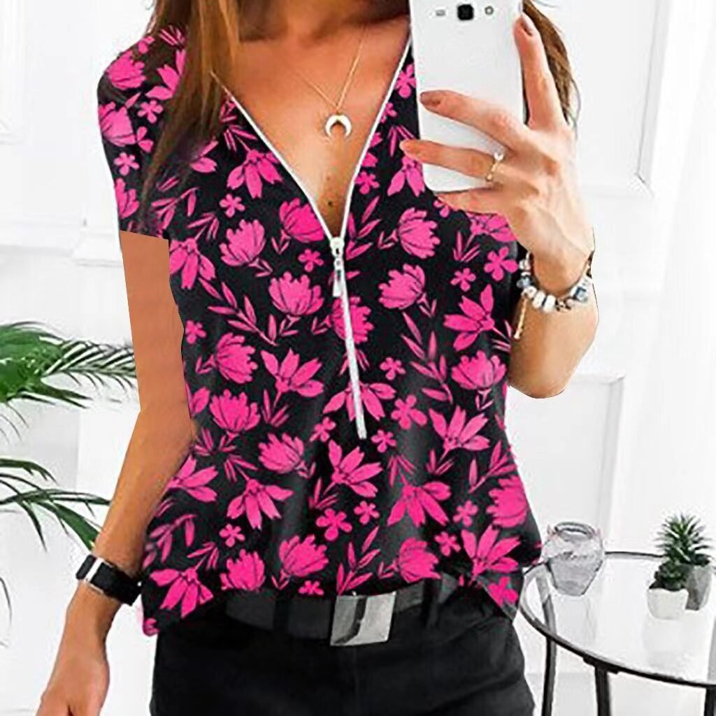 V Neck Zip Top Print Women's Casual Short Sleeves - Image 2