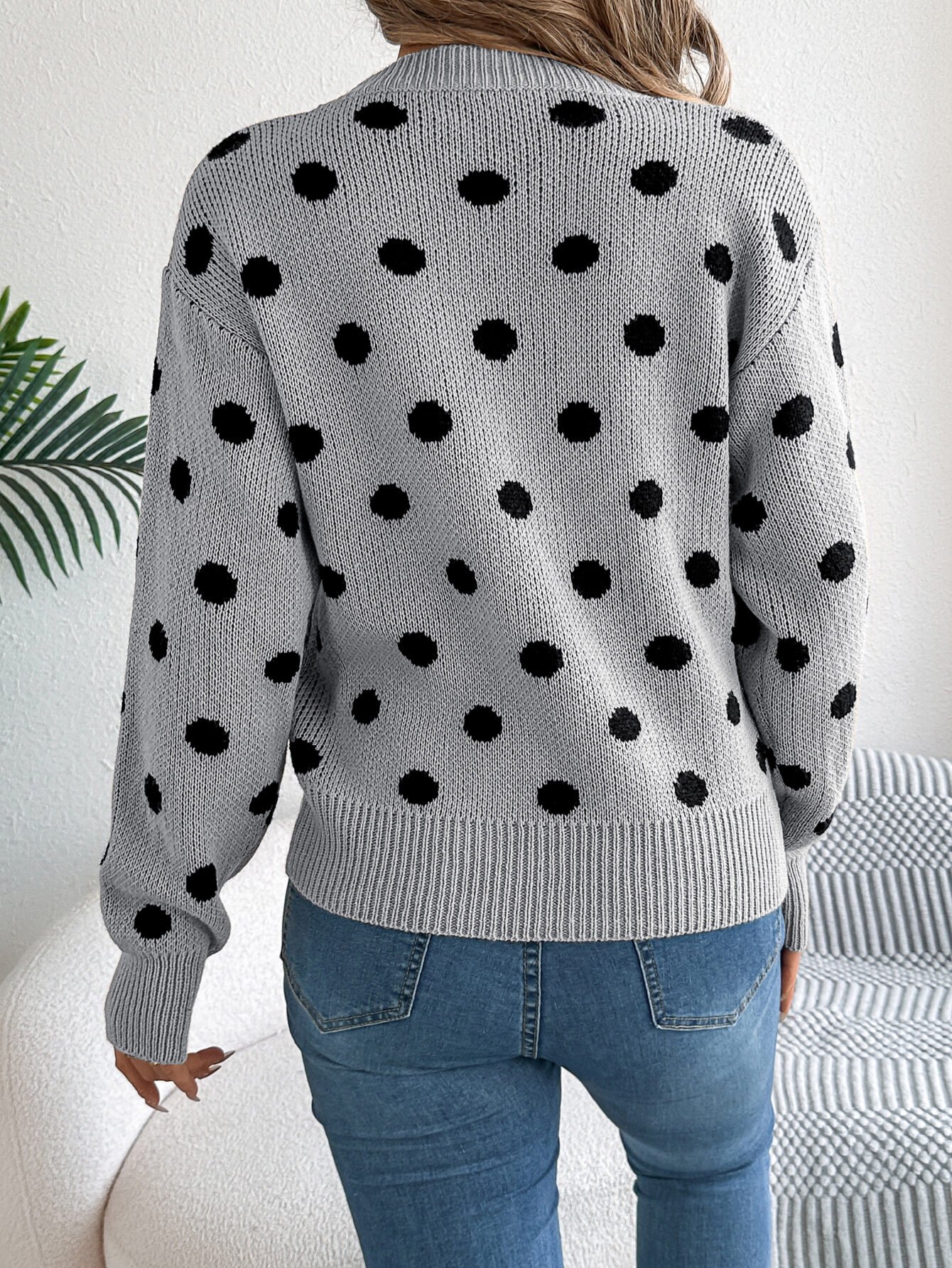 Casual Color Block Polka Dot Long Sleeve Pullover Sweater - Image 9