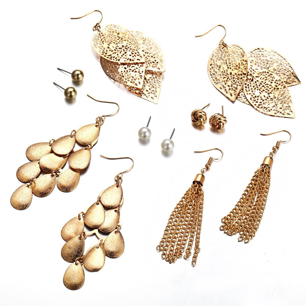 6 pairs of plate pearl earrings set hollow leaf woven earrings - Image 4