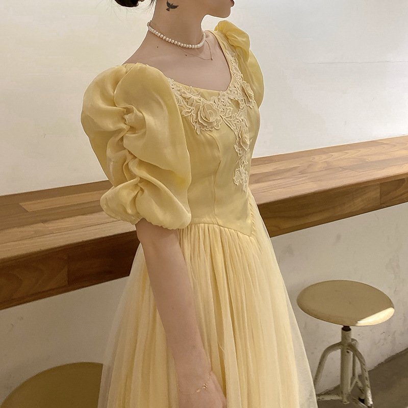 French Small Number Of Satin Dress For Women, Waistline Shows Thin Mesh Splicing Princess Skirt - Image 3