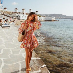 Printed Long Sleeve Belted Dress