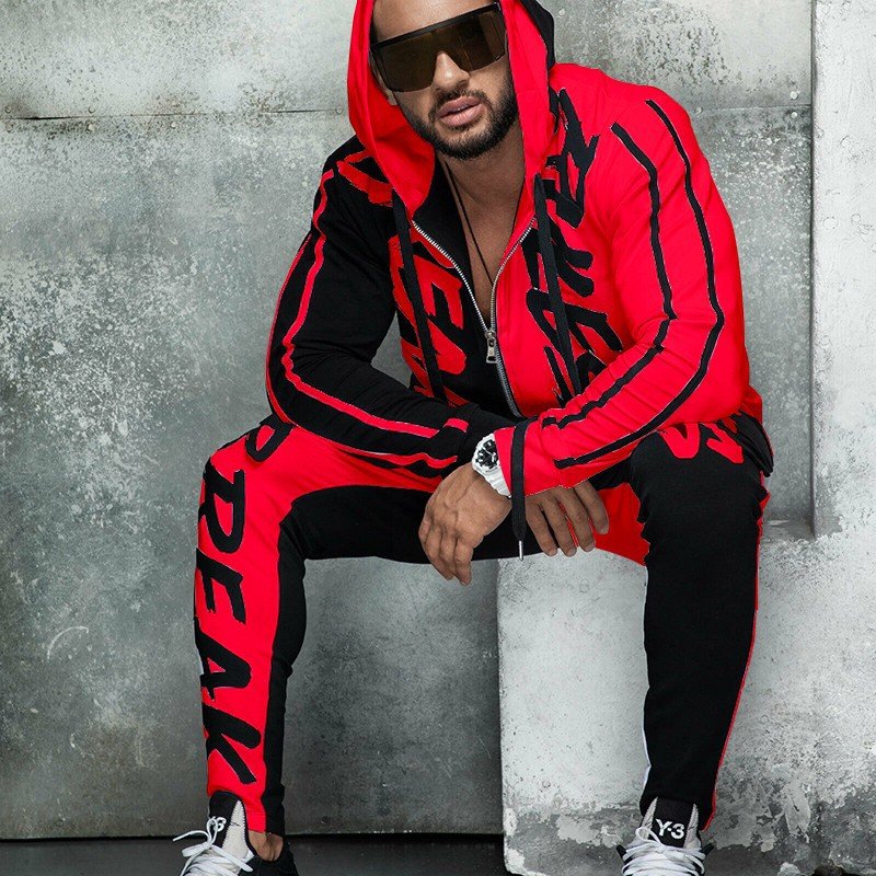 Men's Sports Suit Hooded Letters Color Matching Zipper Cardigan - Image 9