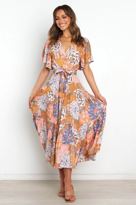 V-Neck Commuter Print Short Sleeve Nipped Waist Bohemian Dress - Image 2