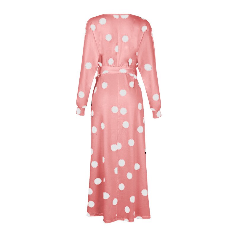 Polka Dot Print Long Sleeve V Neck Off Shoulder Dress - Image 8