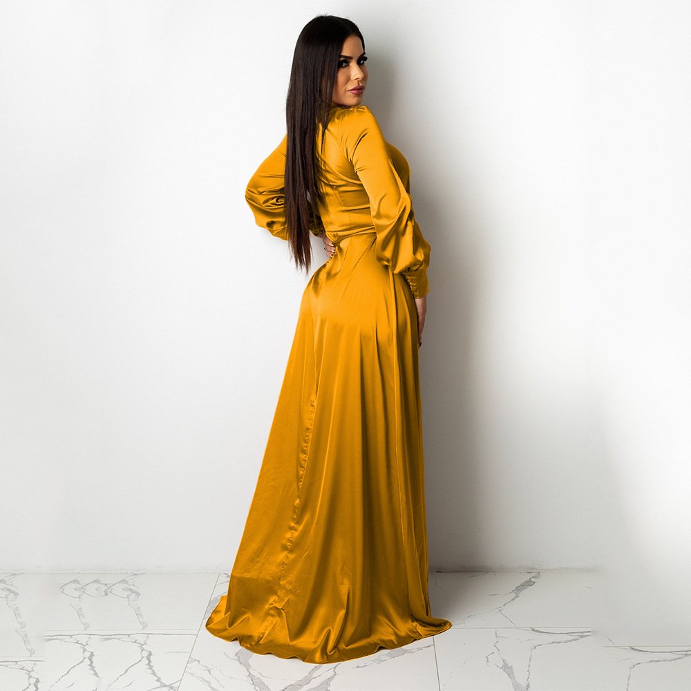 Fashionable V-Neck Silk Face Solid Color Lace Irregular Long Dress - Image 4
