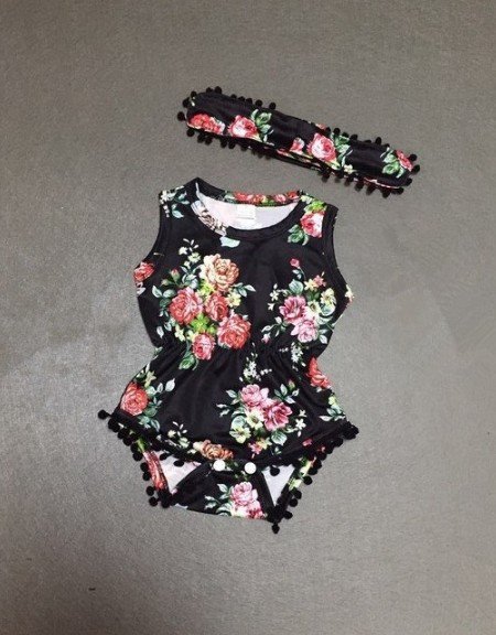 Dark Floral Set Infant Flower Print One-piece Romper Headwear - Image 4