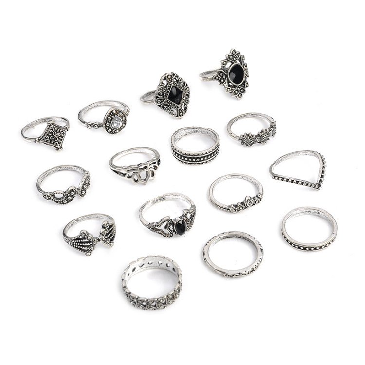 Hollow Lotus And Diamond Drop Ring Set - Image 3