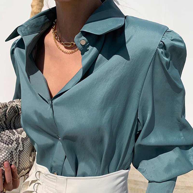 Single-breasted Design Loose Solid Color Lantern Sleeve Shirt Top