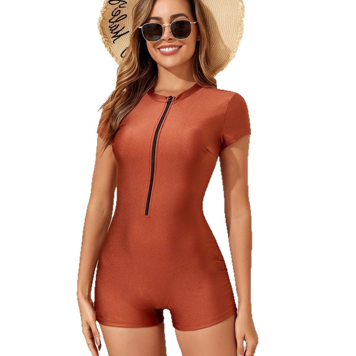 Solid Color Zipper One-pieces Short Sleeve Beach Sports Swimwear - Image 5