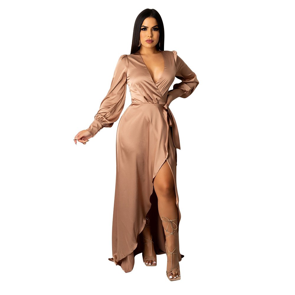 Fashionable V-Neck Silk Face Solid Color Lace Irregular Long Dress - Image 9