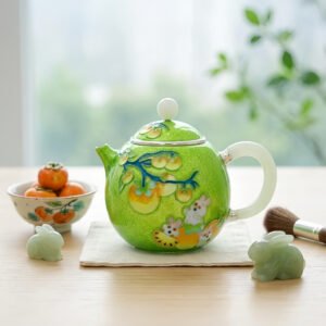 925 Sterling Silver Vibrant Green Enamel Teapot Featuring Playful Bunnies and Fruit Branch Motifs - Handicraft