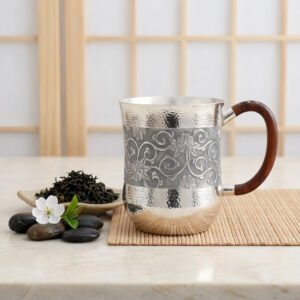 925 Sterling Silver Artisan Engraved Silver Mug with Floral Patterns and Polished Wooden Handle - Handicraft