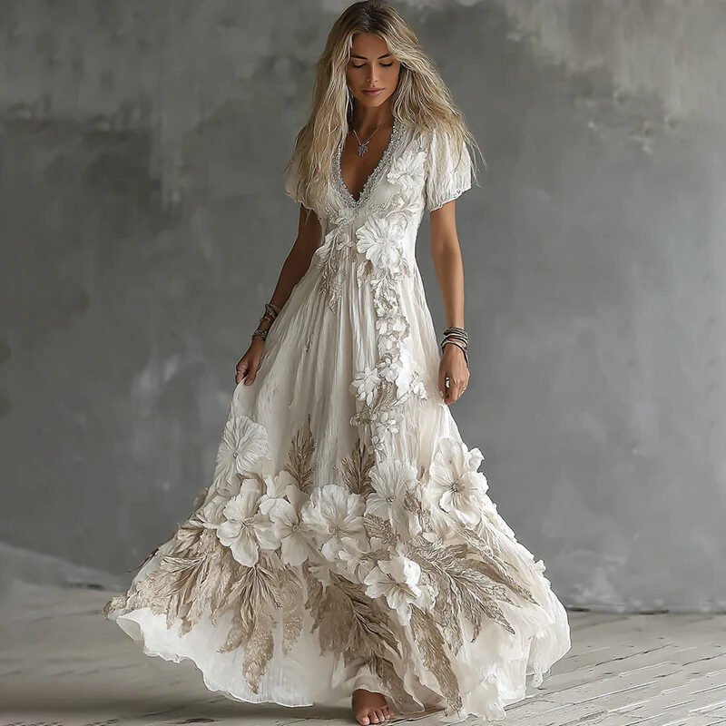 Retro Bohemian Rose Embroidered Linen Loose-Fit Long Dress