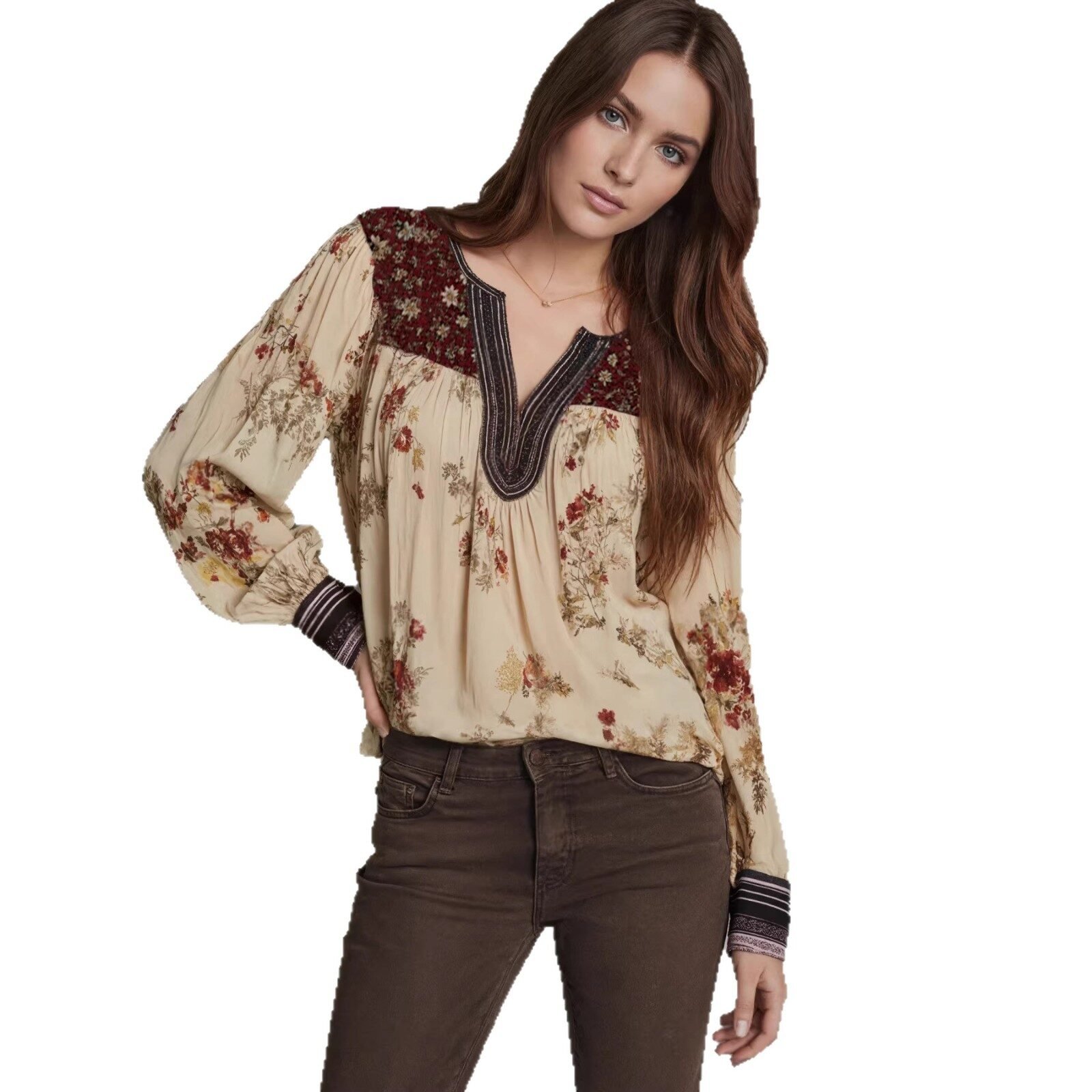 V-Neck Lace-Patchwork Long-Sleeve Floral Print Womens T-Shirt - Image 5
