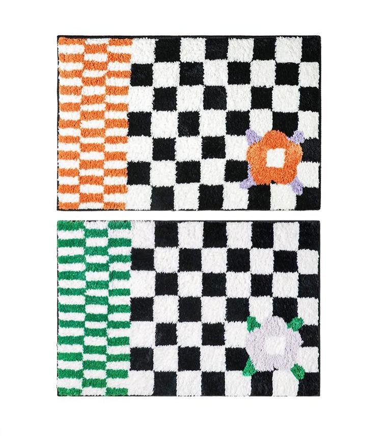 Checkerboard Flower Carpet Bathroom Door Absorbent Floor Mat