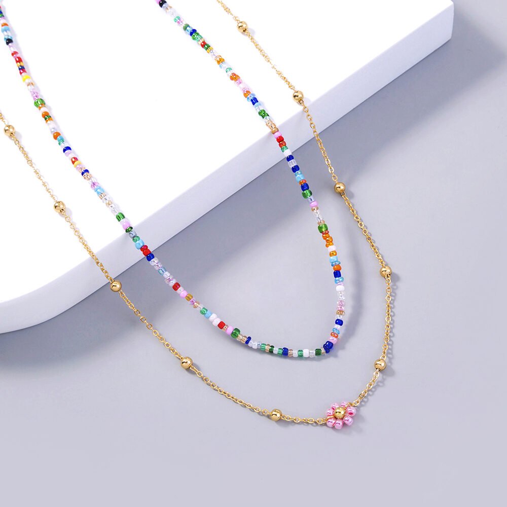 Colorful Chrysanthemum Rice Beads Multi-layered Necklace - Image 3