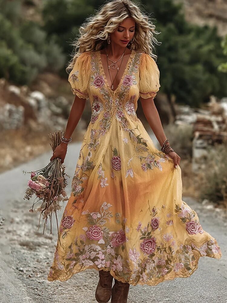 Retro Bohemian Rose Embroidered Linen Loose-Fit Long Dress - Image 7