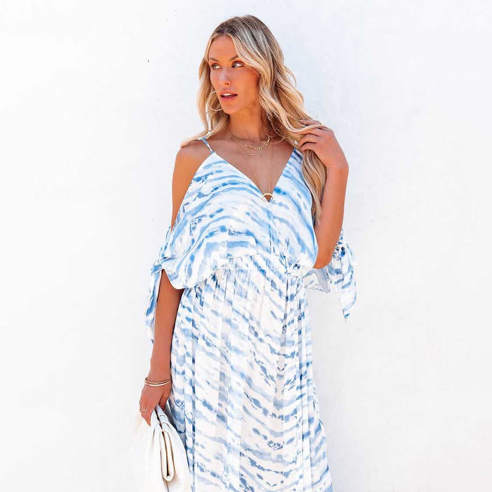 Women's Printed V-Neck Off Shoulder Sling Irregular Dress - Image 4