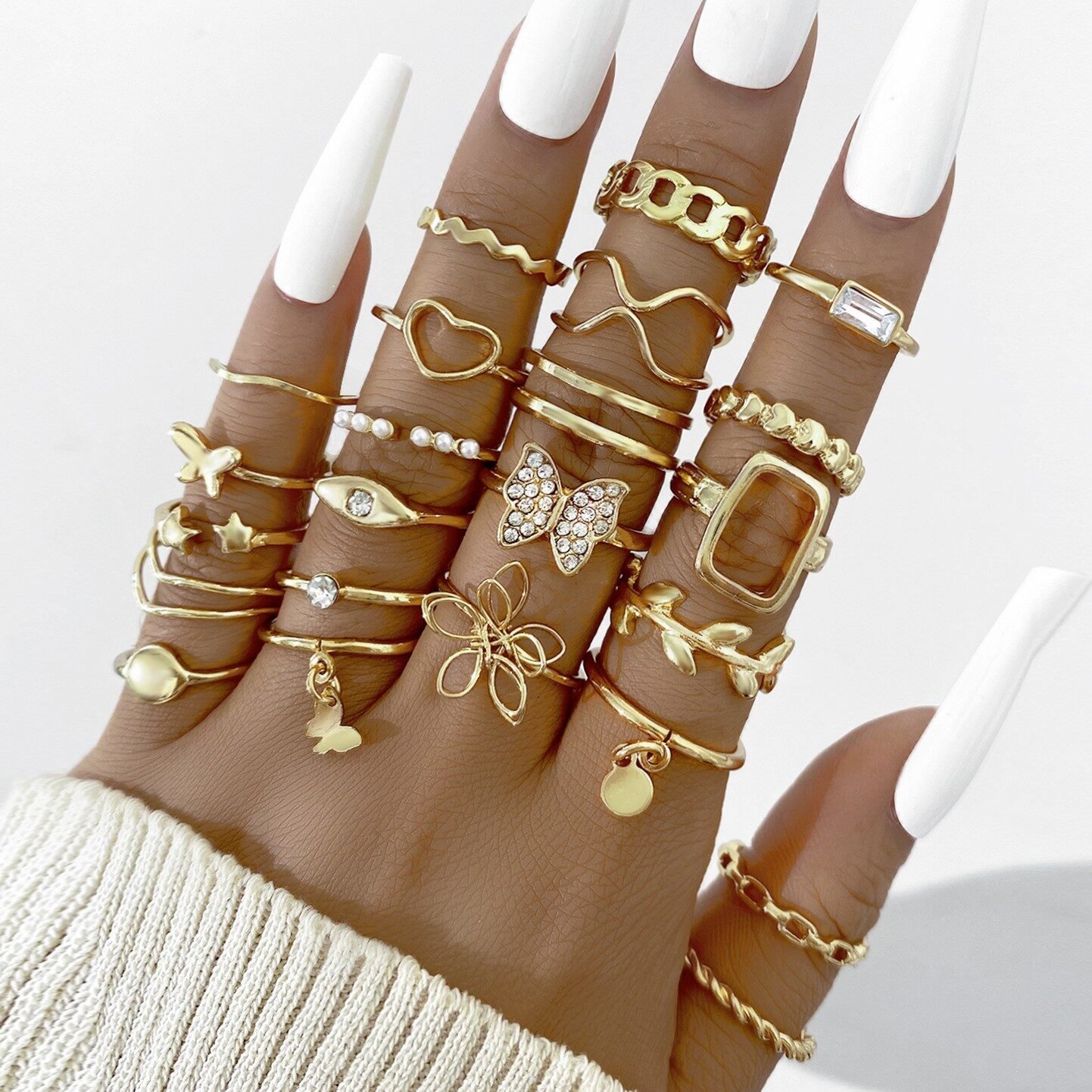 Hollow Heart Geometric Butterfly Leaf Ring Suit - Image 8
