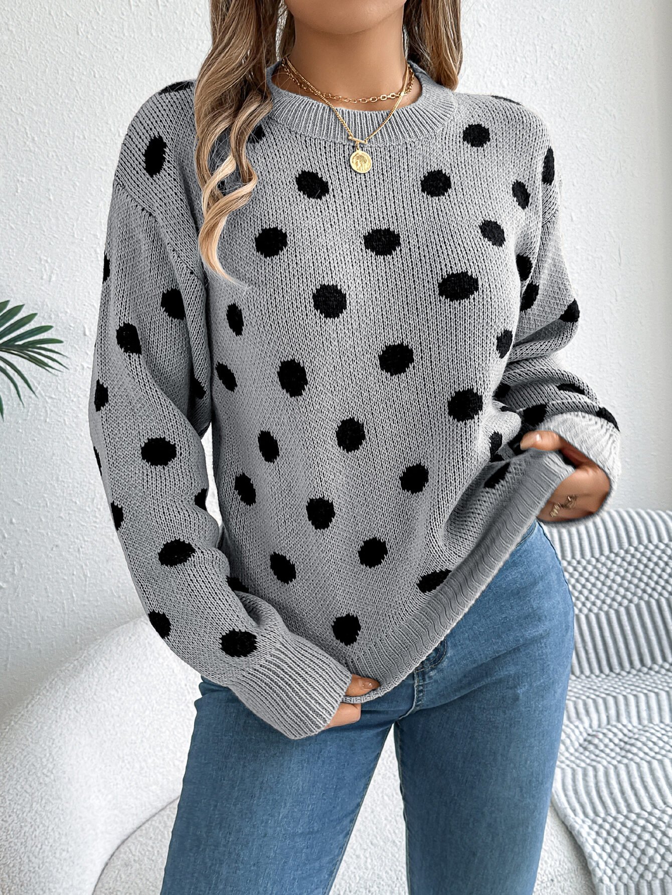 Casual Color Block Polka Dot Long Sleeve Pullover Sweater - Image 5