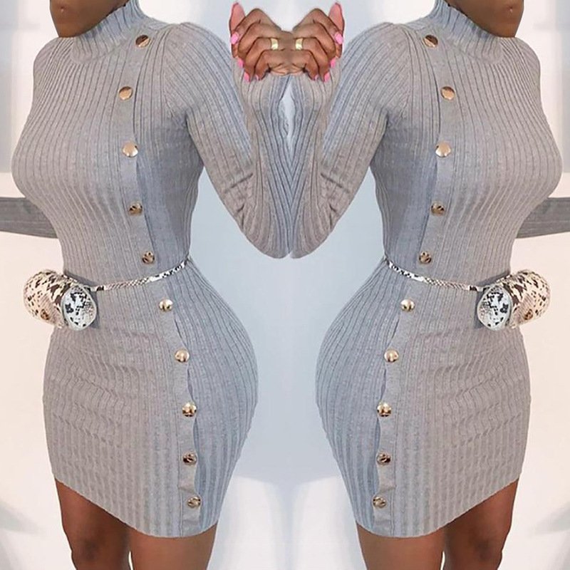 Solid Color Sexy Slim Single-Breasted Long-Sleeved Dress - Image 2